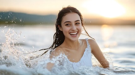 Obraz premium Joyful young woman enjoying a sunny day while splashing in water with a beautiful sunset backdrop