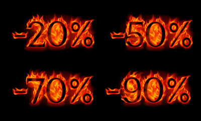 Set of burning discounts -20%, -50%, -70%, -90% isolated on a black background. Vector illustration. 