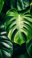 In a peaceful tropical setting, large green leaves with unique cuts form a stunning tapestry of nature, inviting serenity and a connection to the earth's beauty