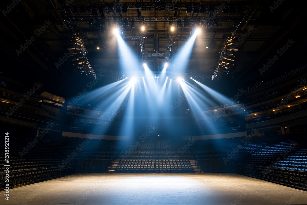 Poster empty stage bathed in lights in a large arena, ready for event. usage events