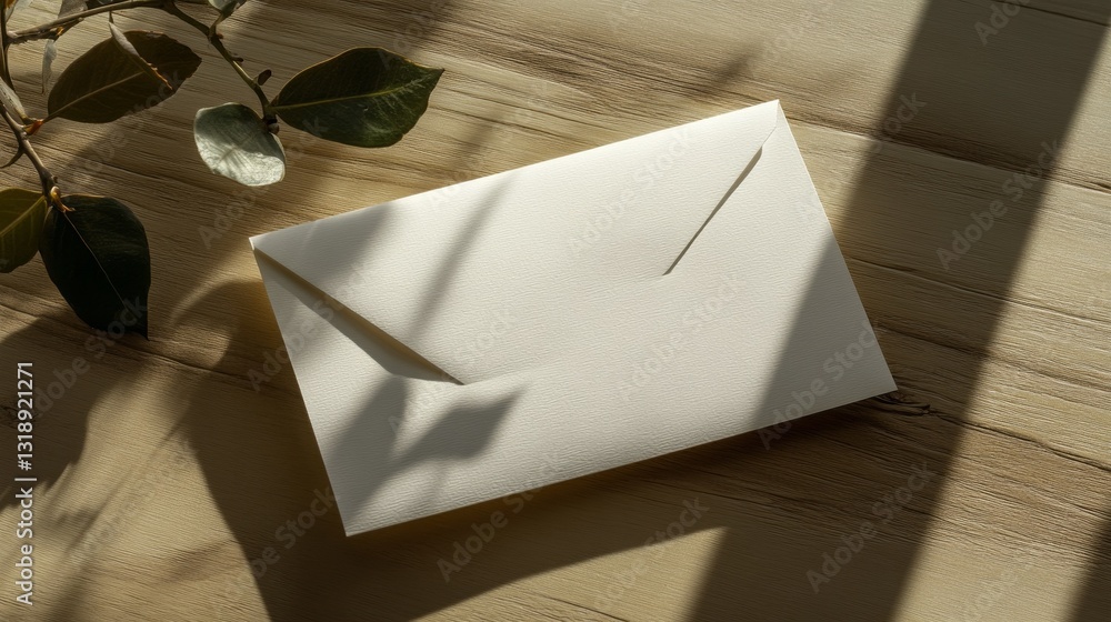 Poster a pristine white envelope lies on a wooden table, bathed in warm sunlight. shadows from nearby leave