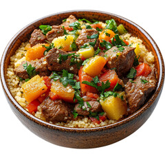 A Bowl of Moroccan Couscous Steamed Semolina Topped with Rice and Meat Isolated on Transparent Background