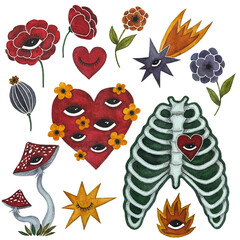 Watercolor set of magical illustration with all seeing human eye, star comet, mystical hearts, human ribs and bones, mushrooms, flames and mauve, red and orange flowers, Hand-drawn esoteric symbols