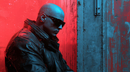 Futuristic cyberpunk man in black leather jacket and sunglasses standing against a grunge urban background with red and blue lighting