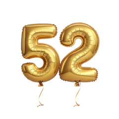 Shiny Gold Number 52 Balloon, Celebratory Foil Balloon Decoration. isolated on transparent background Helium balloons font