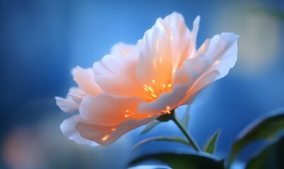Fototapeta premium Peach blossom glows against blue. Floral background for wallpaper, nature banner