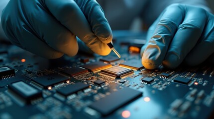 Technician Working on Electronic Circuit Board With Precision Tools in a Laboratory