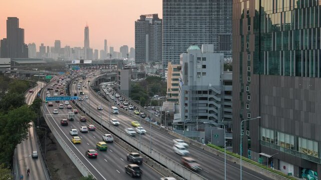 Asoke Expressway Toll, Expressway tollgate, Cars at gate toll payment on expressway in Bangkok, Thailand