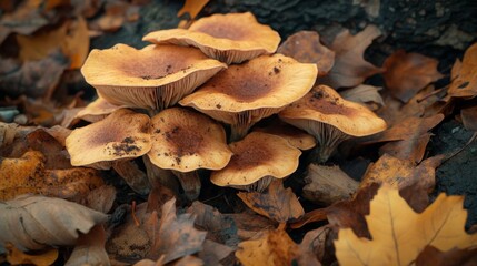 Earthy Fungi Cluster in Autumn Leaves