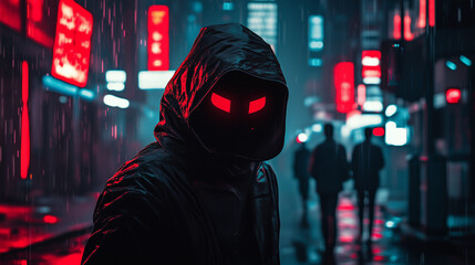 Mysterious hooded figure with glowing red eyes in a cyberpunk city at night, neon lights, rain, and dark futuristic atmosphere