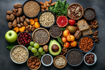 Healthy food ingredients variety bowl top view flatlay photography diet on transparent background