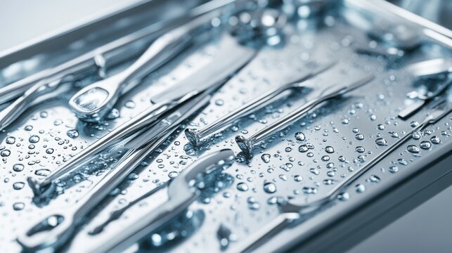 A steel sterilization tray covered with meticulously arranged surgical tools still wet from a thorough disinfection process. Created with generative AI.