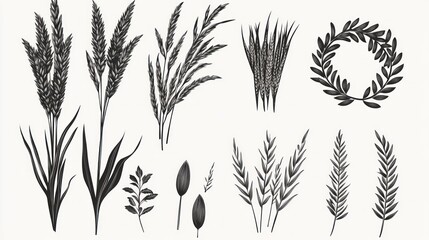 Decorative botanical illustrations, monochrome, various grasses, floral wreath, graphic design elements, potential use in print or digital media