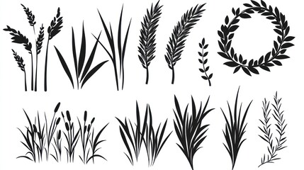 Naklejka premium Collection of black and white silhouette plants. Possible use Design element for a nature themed print