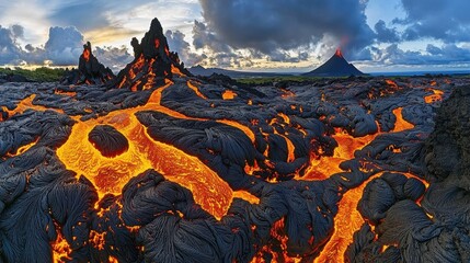 Naklejka premium Hellish Canyon with Jagged Rock Formations and Fiery Lava Flow