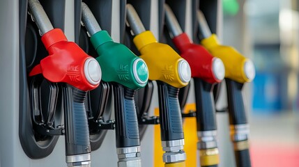 Background image featuring a variety of fuel dispensers at a service station