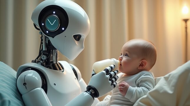Robot Caregiver Feeding an Infant in a Cozy Indoor Setting During Evening Hours