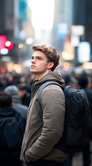 Fototapeta premium Young man with backpack gazes upwards in a bustling city street surrounded by blurred pedestrians