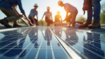Solar Panel Installation Team Working Under Bright Sunlight at a Renewable Energy Site