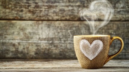 Heart-shaped steam rises from a rustic coffee cup, evoking warmth and simplicity.
