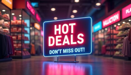 Neon retail promotion background, vibrant celebratory colors, Hot Deals - Don’t Miss Out!, copy space