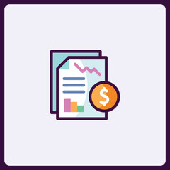 Financial report icon with descending graph and dollar coin illustration