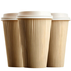  3 plastic coffee cups, beige in color with vertical ridges on the outside, transparent background