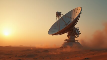 Satellite Dish Captures Signals During Sunset on a Distant Planet
