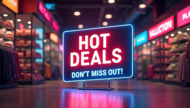 Neon retail promotion background, vibrant celebratory colors, Hot Deals - Don’t Miss Out!, copy space