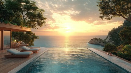 Luxurious oceanfront villa with infinity pool at sunset