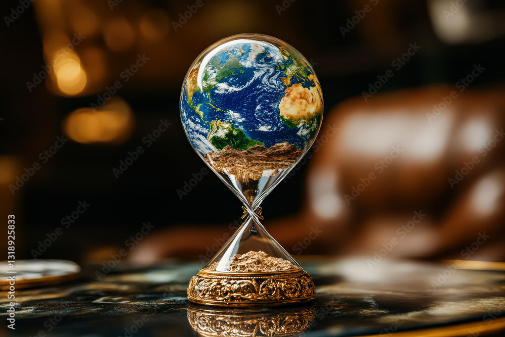 Poster globe is sitting on a table with a gold frame. the globe is made of glass and has a sand timer insid