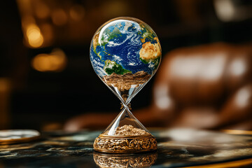 Globe is sitting on a table with a gold frame. The globe is made of glass and has a sand timer inside. The sand timer is set to the hour