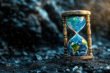 Clock with a globe inside of it. The globe is the earth and the clock is the hands. The clock is set to the time of 10:00