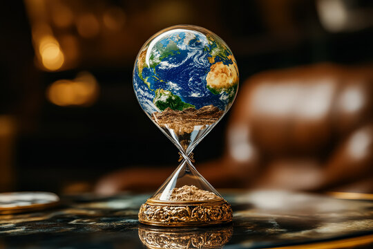 Globe is sitting on a table with a gold frame. The globe is made of glass and has a sand timer inside. The sand timer is set to the hour