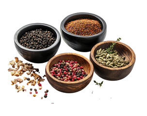 Assorted spices in wooden and dark bowls, showcasing a variety of peppercorns, herbs, and other seasonings