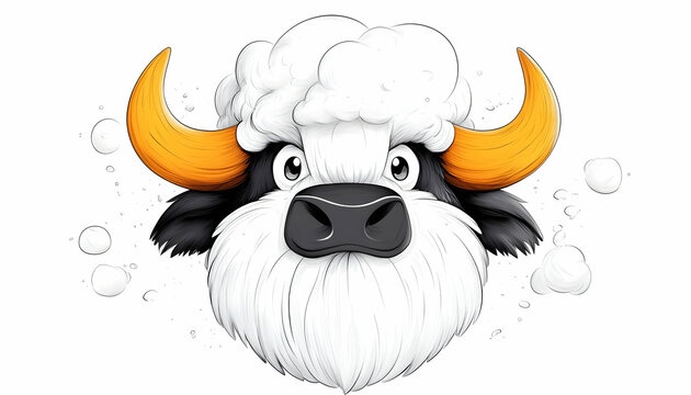A fluffy-haired bulls head with large orange horns surrounded by bubbles  Its expression is serious and slightly grum