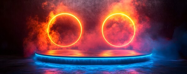 Futuristic glowing product launch stage with ring displays and business competition concept