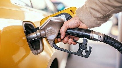 Closeup of a driver refueling his car at a gas station fuel pump