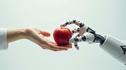 Robotic Hand Presenting a Red Apple to a Human Hand in a Minimalist Setting