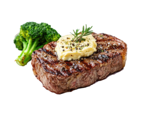 Grilled steak with butter and broccoli side dish