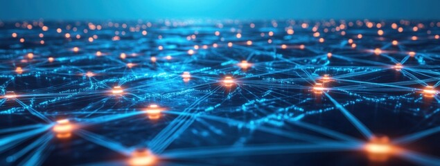 Abstract network connection, glowing nodes and lines.