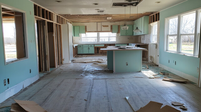 An unfinished kitchen displays exposed walls and new cabinets, featuring an open layout filled with construction debris and daylight