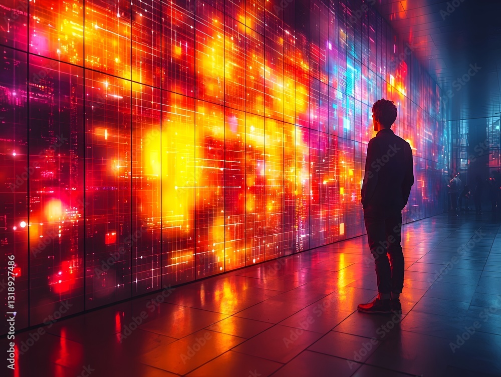 Poster the hacker s silhouette blocked by a glowing cybersecurity firewall with vibrant color defenses long