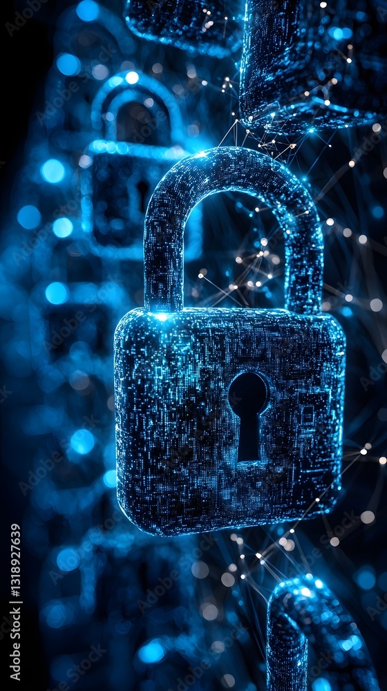 Poster decentralized and robust cybersecurity system represented by glowing network of locks and data strea