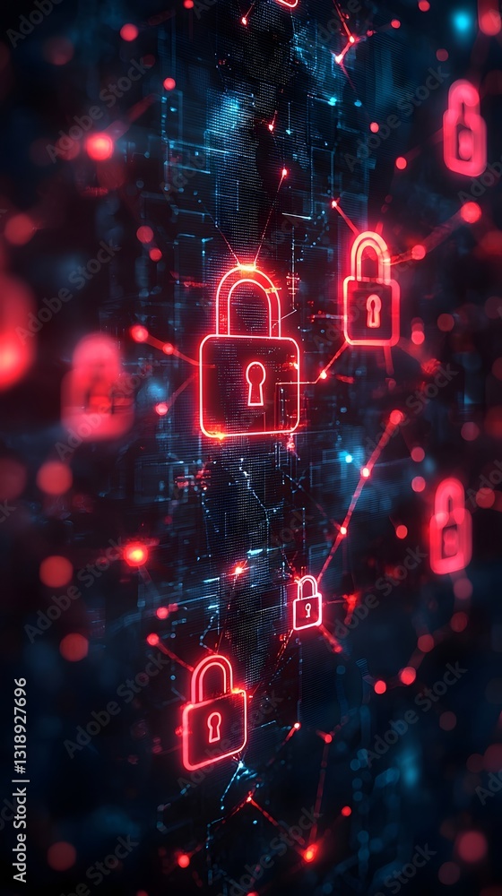 Poster decentralized and robust cybersecurity network of glowing locks connected by data streams