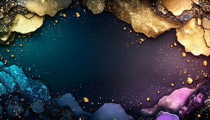 Abstract, glittery, fluid art background with a gold, teal, and purple color palette