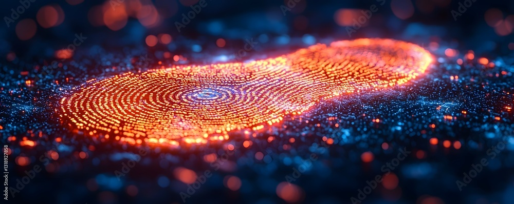 Poster glowing fingerprint scanner with swirling lines of code symbolizing biometric security in the digita