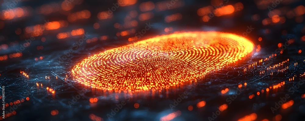 Poster glowing fingerprint scanner with swirling code symbolizing cybersecurity
