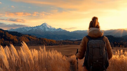 Adventurous japanese woman hiking in a scenic mountain range with a backpack enjoying the beauty of nature and outdoor exploration