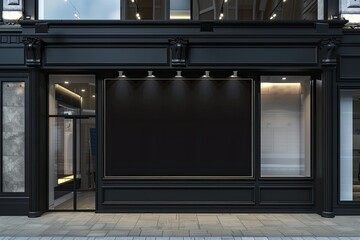Detailed Image of Horizontal Black Empty Signage on Clothes Shop Front with Copy Space